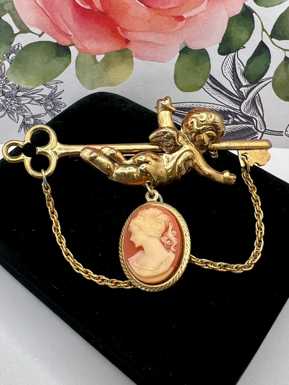 Cupid Adorned Key Chatelaine Cameo Brooch